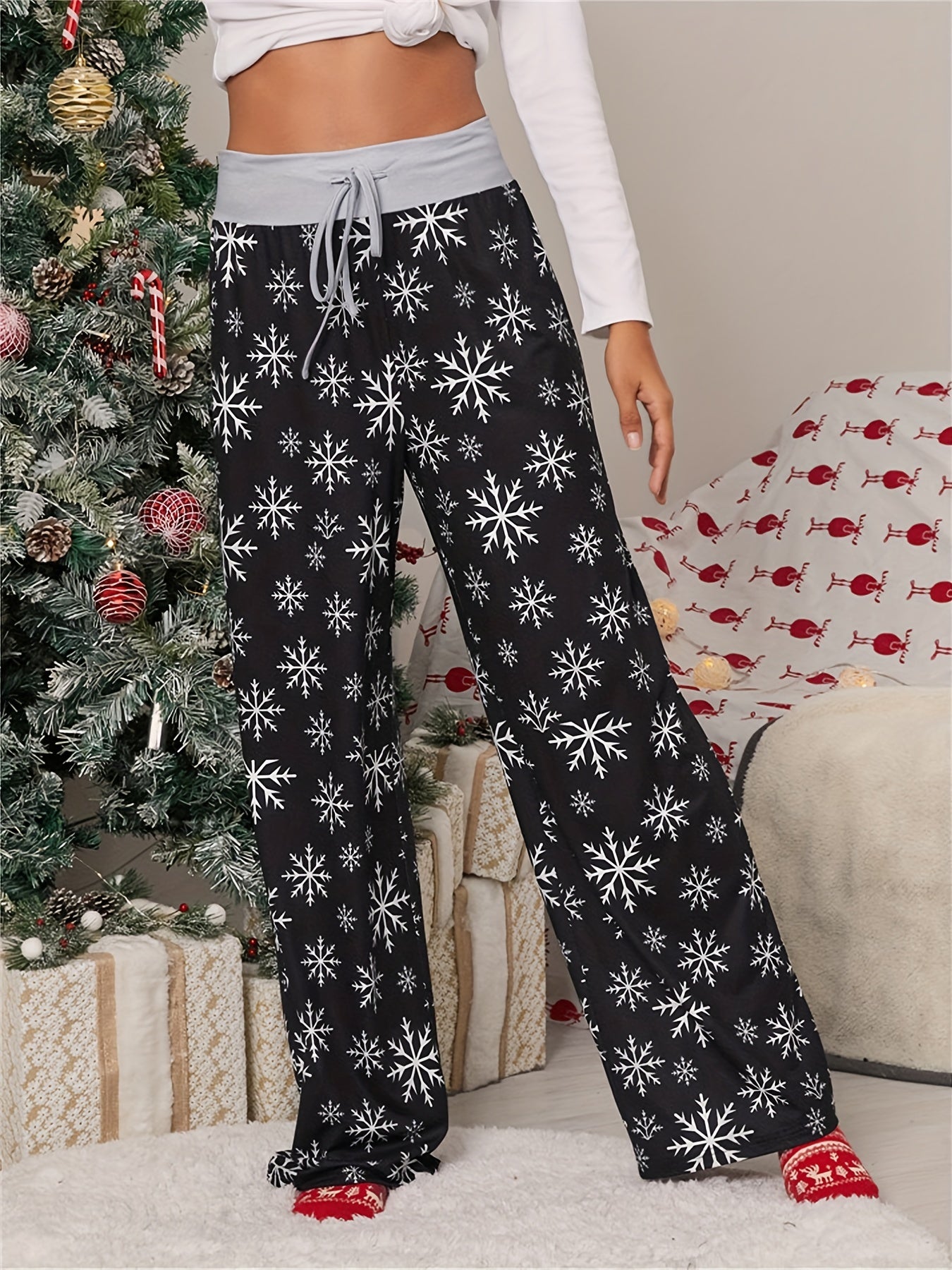 Christmas Print Wide Leg Pants Casual Drawstring Pants