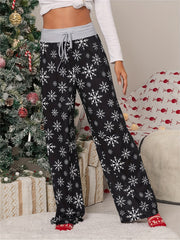 Christmas Print Wide Leg Pants Casual Drawstring Pants