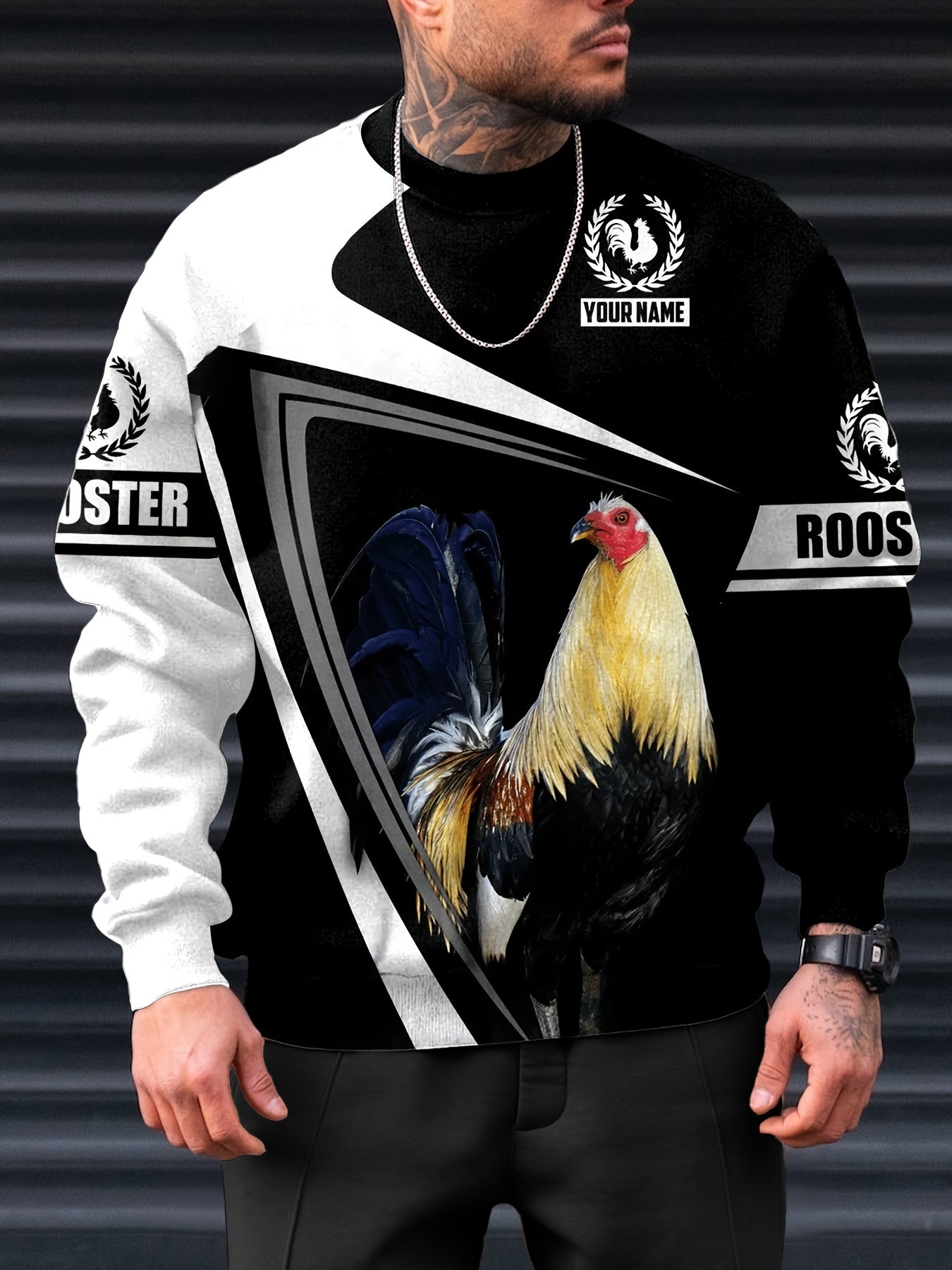 Rooster Print Crew Neck Sweatshirt Men's Casual Sports Top