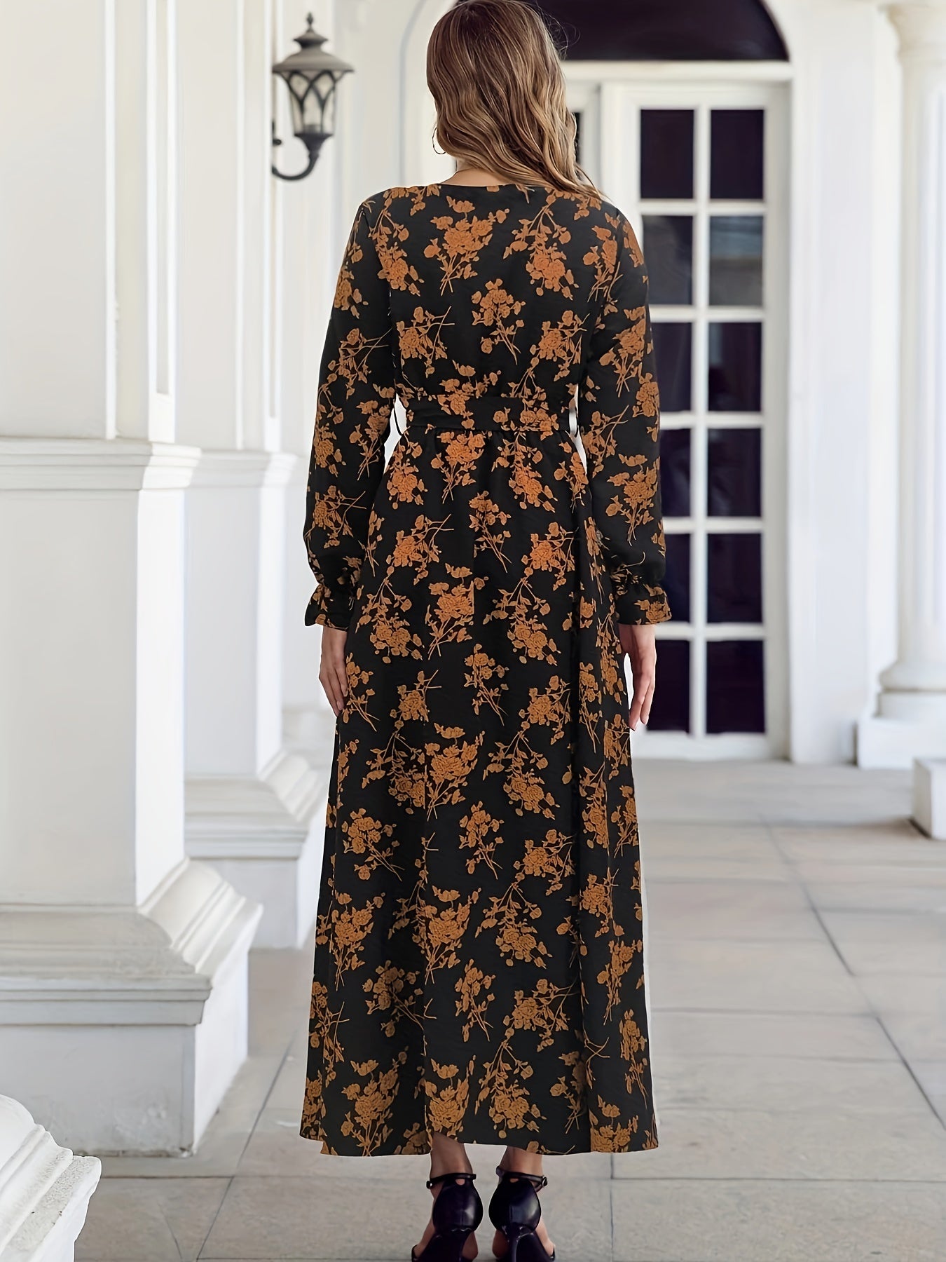 Floral Print Flounce Sleeve Maxi Dress With Belt