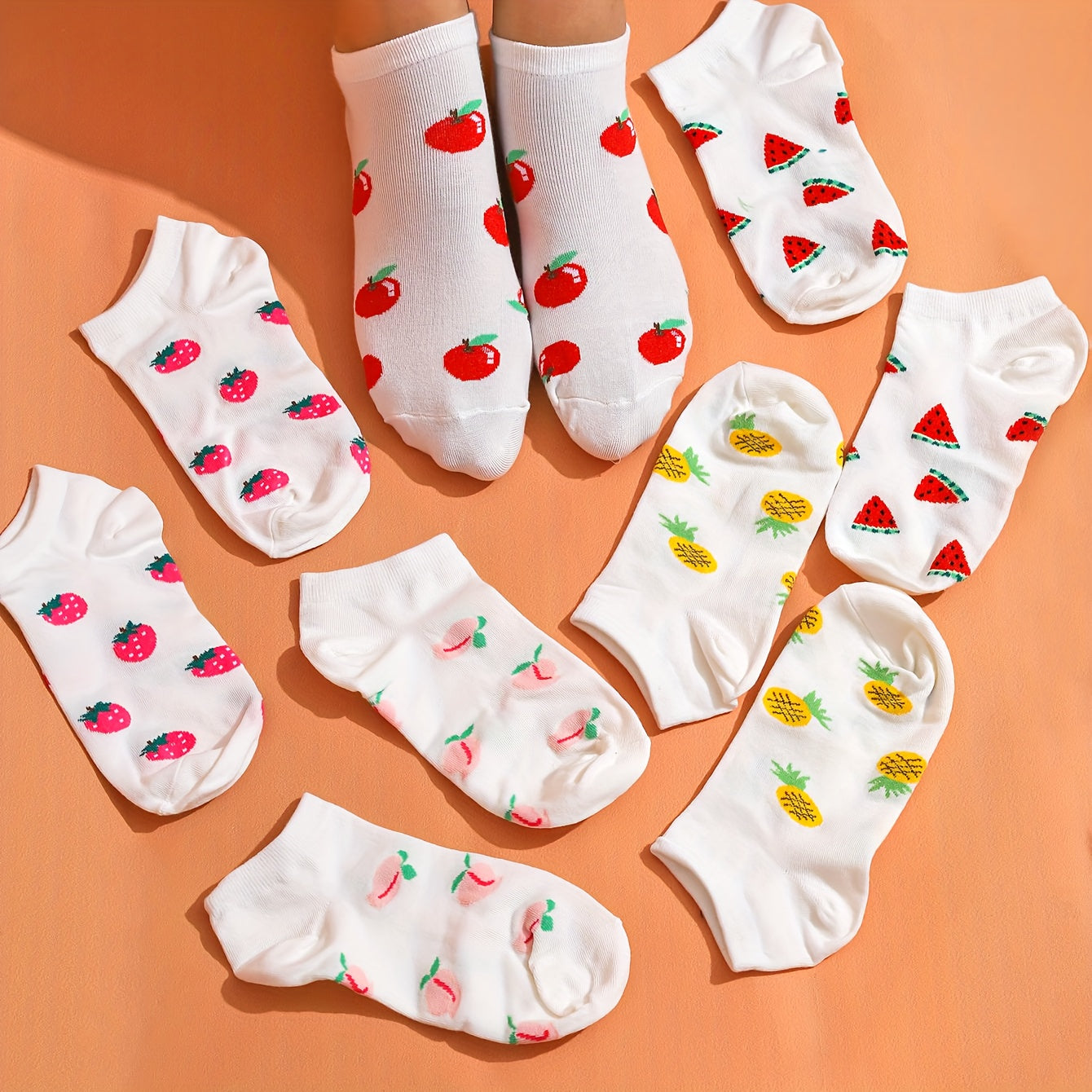 5 Pairs Cartoon Fruit Print Socks & Lightweight Ankle Socks