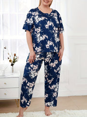 Floral Print Plus Size Lounge Set Short Sleeve Round Neck T shirt & Pants