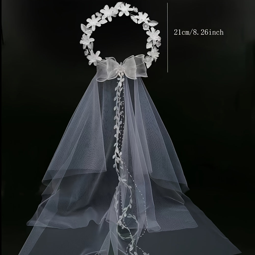 Bridal Veil Lace Bow Faux Pearl Accents for Weddings