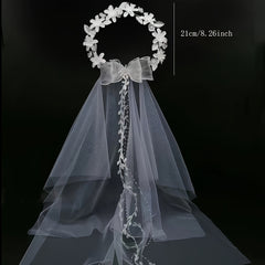 Bridal Veil Lace Bow Faux Pearl Accents for Weddings
