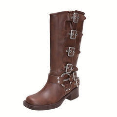 Women's Chunky Heel Buckle Strap Combat Knight Boots