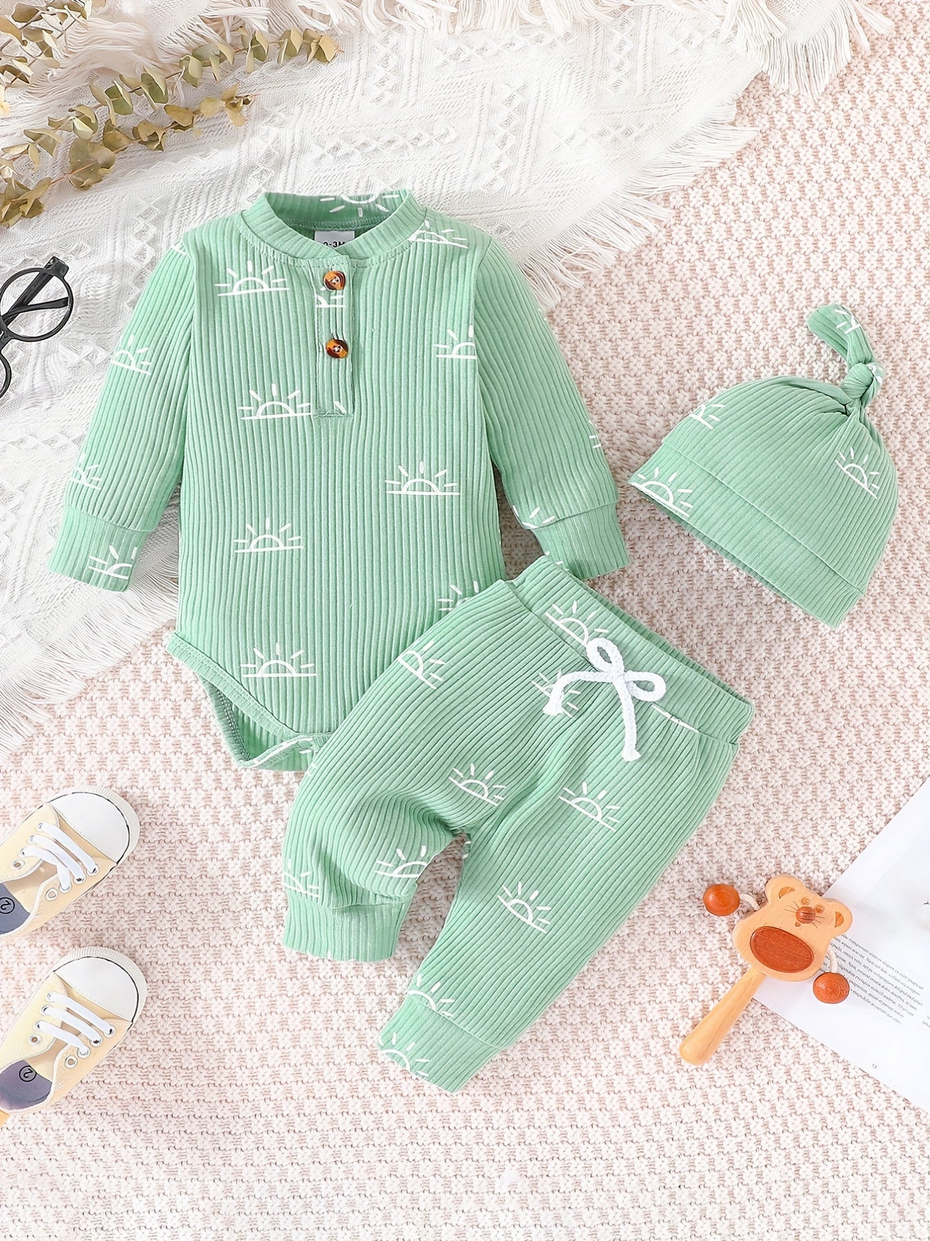 Infant Baby Boy Clothes Ribbed Knitted Sun Print Long Sleeve Romper