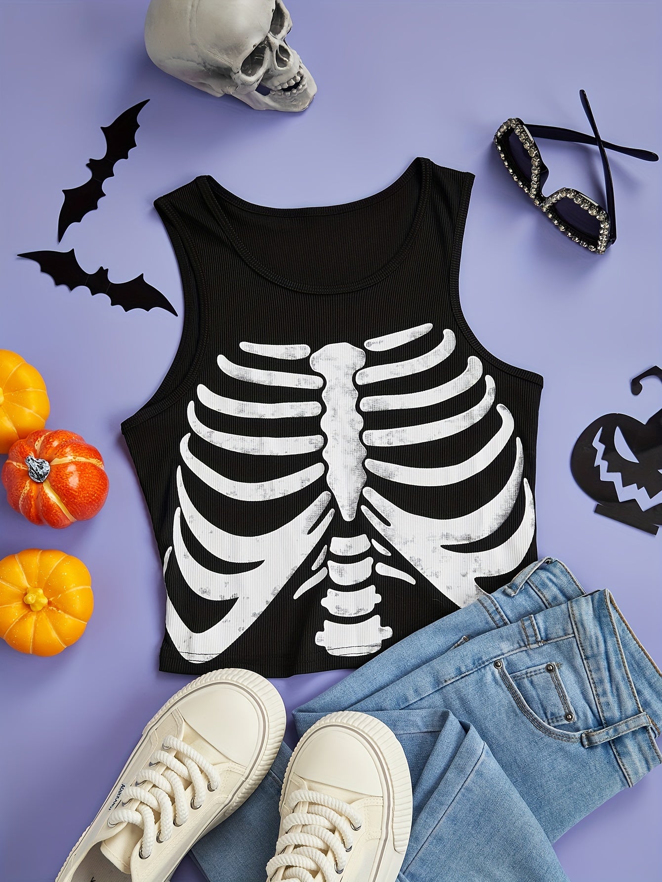 Skeleton Print Tank Top Crew Neck Summer Sleeveless Top