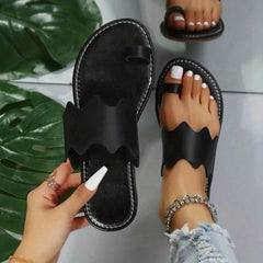 Women's Flat Toe Loop Sandals Scallop Trim Slip On Shoes