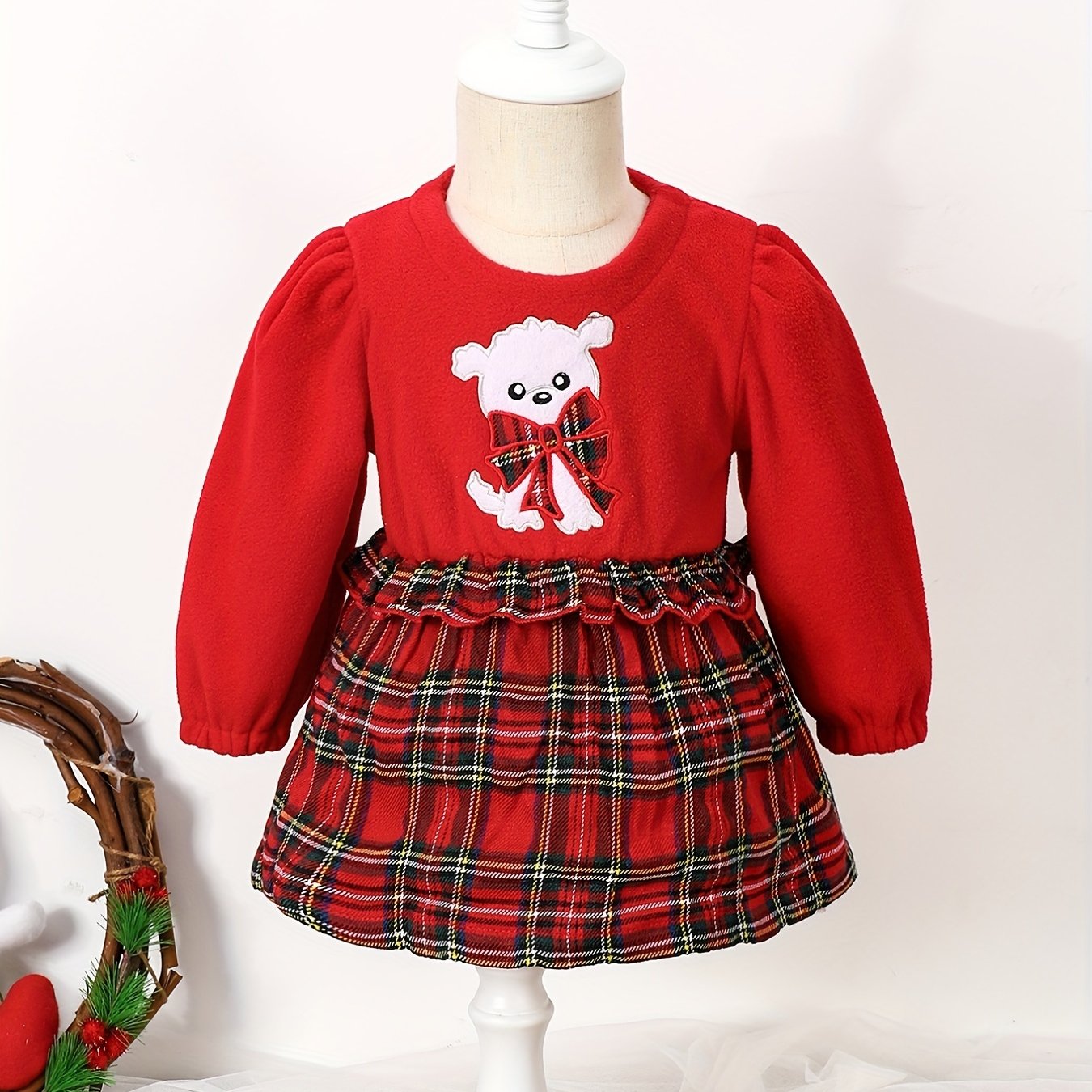 Puppy Embroidered Plaid Long Sleeve Dress Toddler Baby Girls Casual Dress