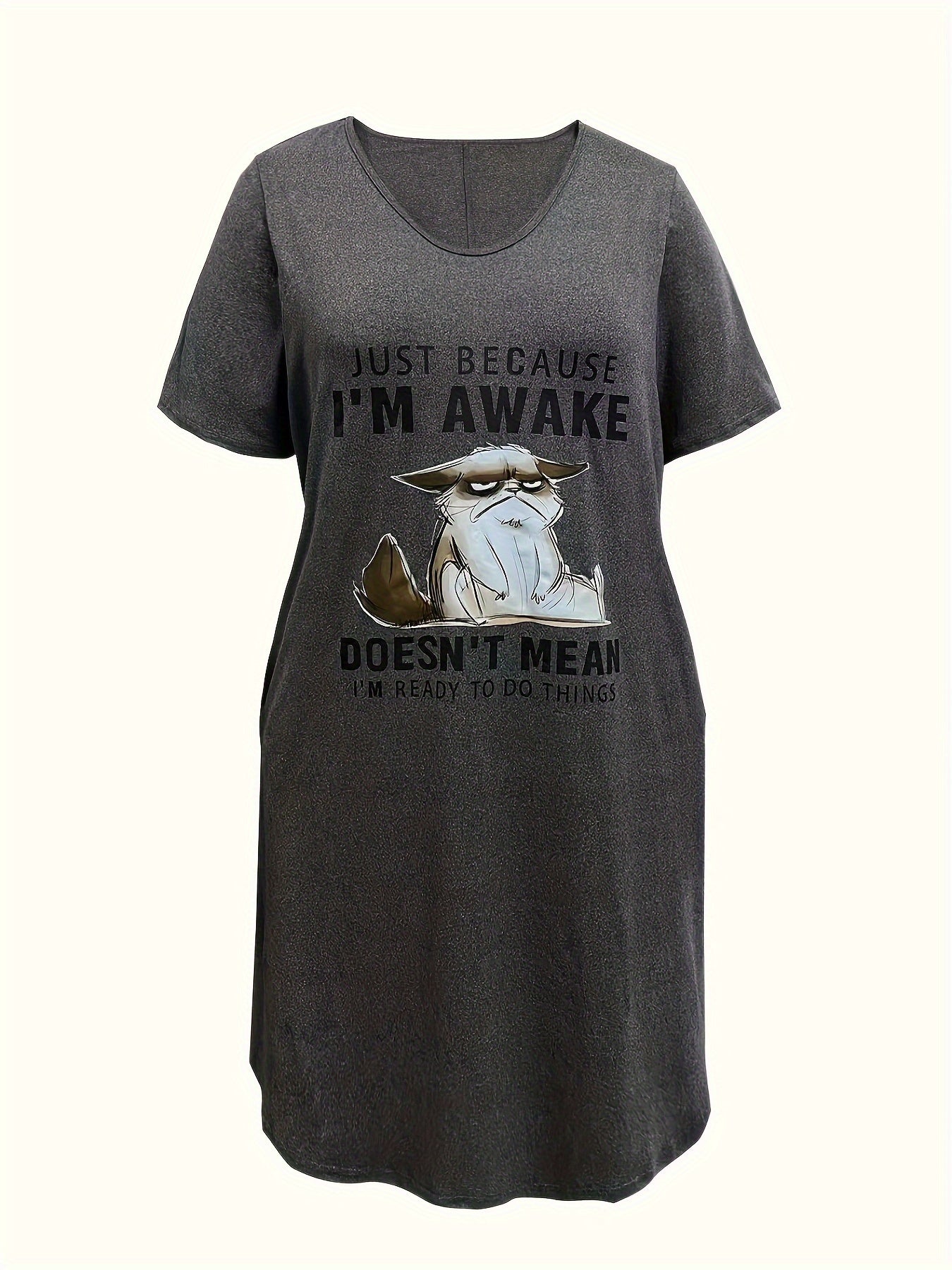 Slogan & Cartoon Cat Print Tee Dress With Pockets