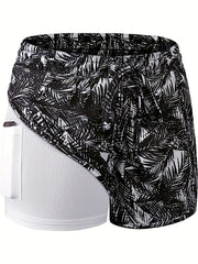 Tropical Print Double Layered Tie Front Yoga Running Shorts