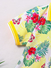 Boys Hawaii Tropical Leaf Print Shirt&Shorts Set, Summer Kids Clothing