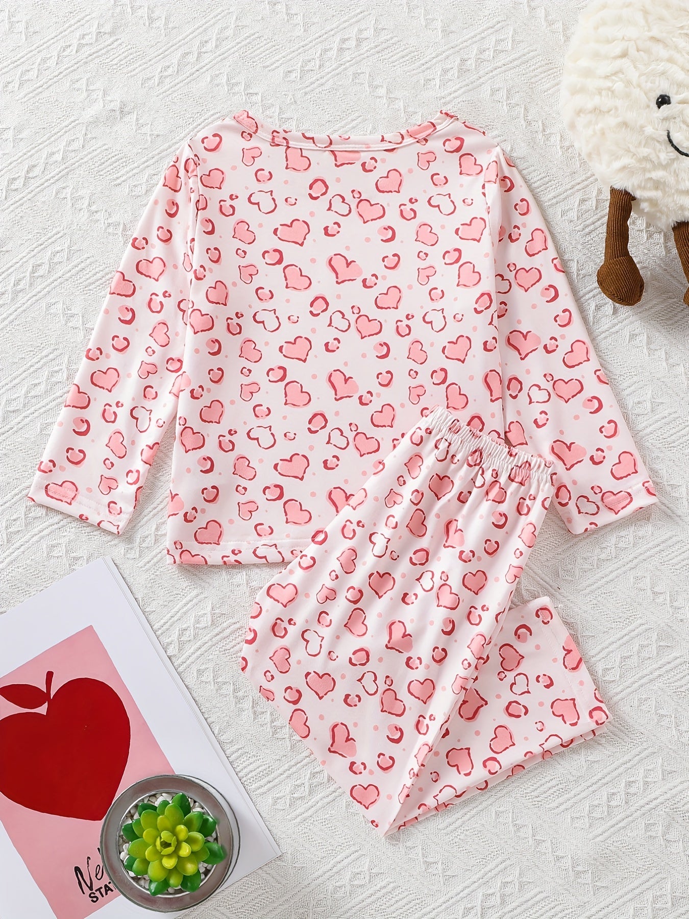Girl's Love Heart Print PJ Set Long Sleeve Top & Pants