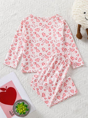Girl's Love Heart Print PJ Set Long Sleeve Top & Pants