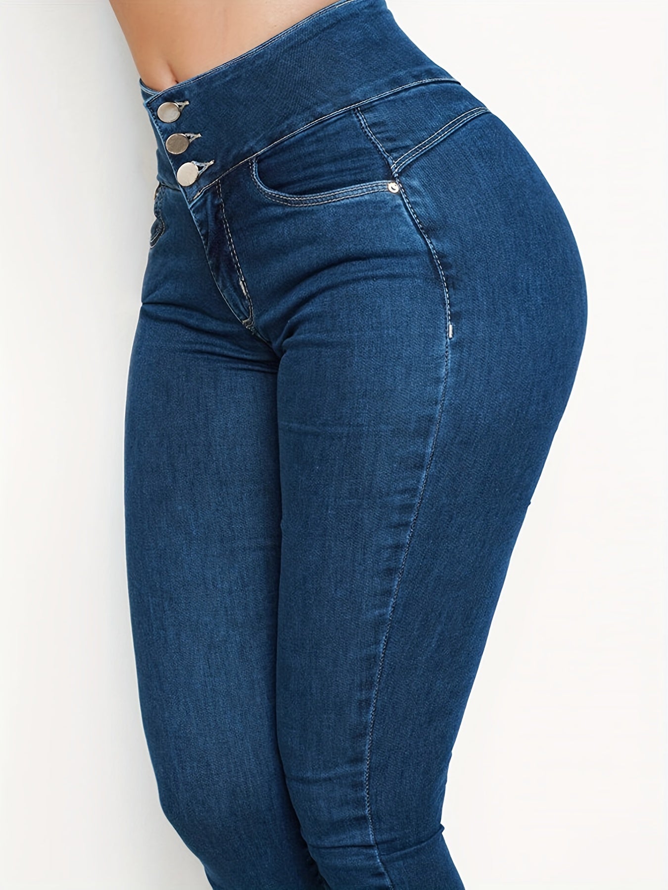 High Waist Skinny Jeans button Solid Denim Pants