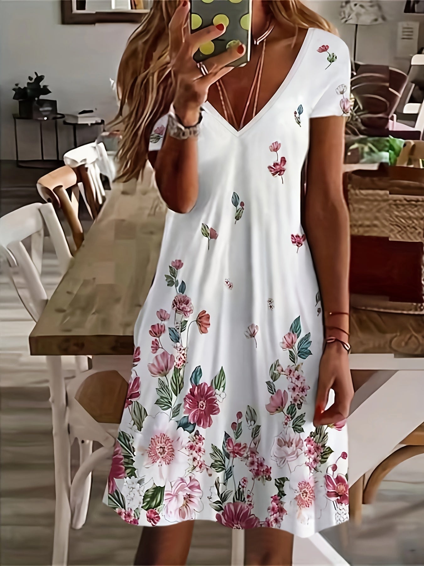 Floral Print V Neck Casual Dress Short Sleeve Summer Spring Women's Clothing