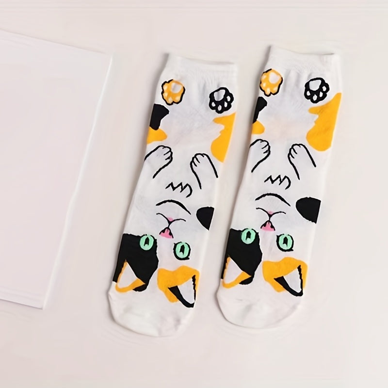 5 Pairs Cartoon Cat Print Socks Women's Stockings & Hosiery