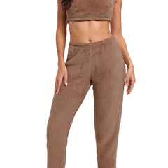 Fuzzy Lounge Set Crew Neck Tank Top & Elastic Waistband Pants Women's Loungewear