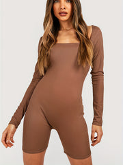 Ribbed Square Neck Long Sleeve Jumpsuit Solid Romper