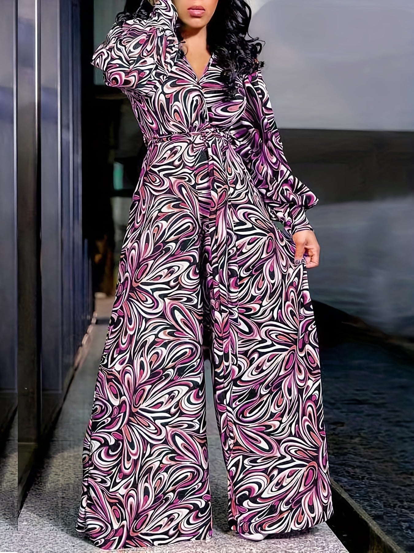 Casual Jumpsuit Women's Plus Allover Print Button Up Long Sleeve
