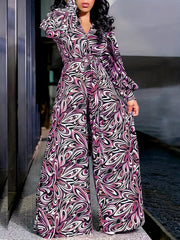 Casual Jumpsuit Women's Plus Allover Print Button Up Long Sleeve