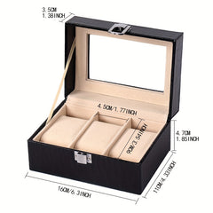 3 Slot PU Leather Watch Box Display with Lock Glass Top Jewelry Storage