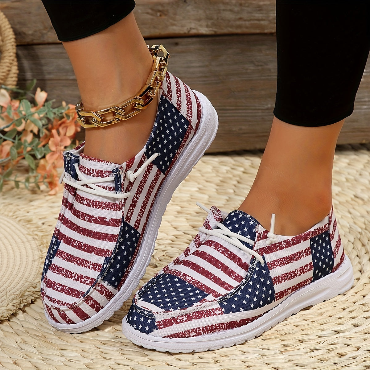 Women's Patriotic Boat Shoes Summer Canvas Lace Up Casual Flat Shoes