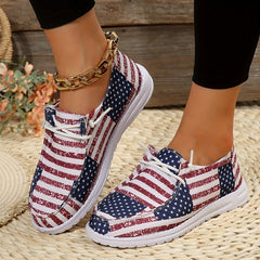 Women's Patriotic Boat Shoes Summer Canvas Lace Up Casual Flat Shoes
