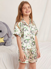 Girls Pajamas Set Flowers Graphic Short Sleeve Top & Shorts Sleepwear