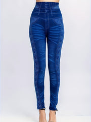 Denim Print Skinny Leggings Casual High Waist Stretchy Leggings