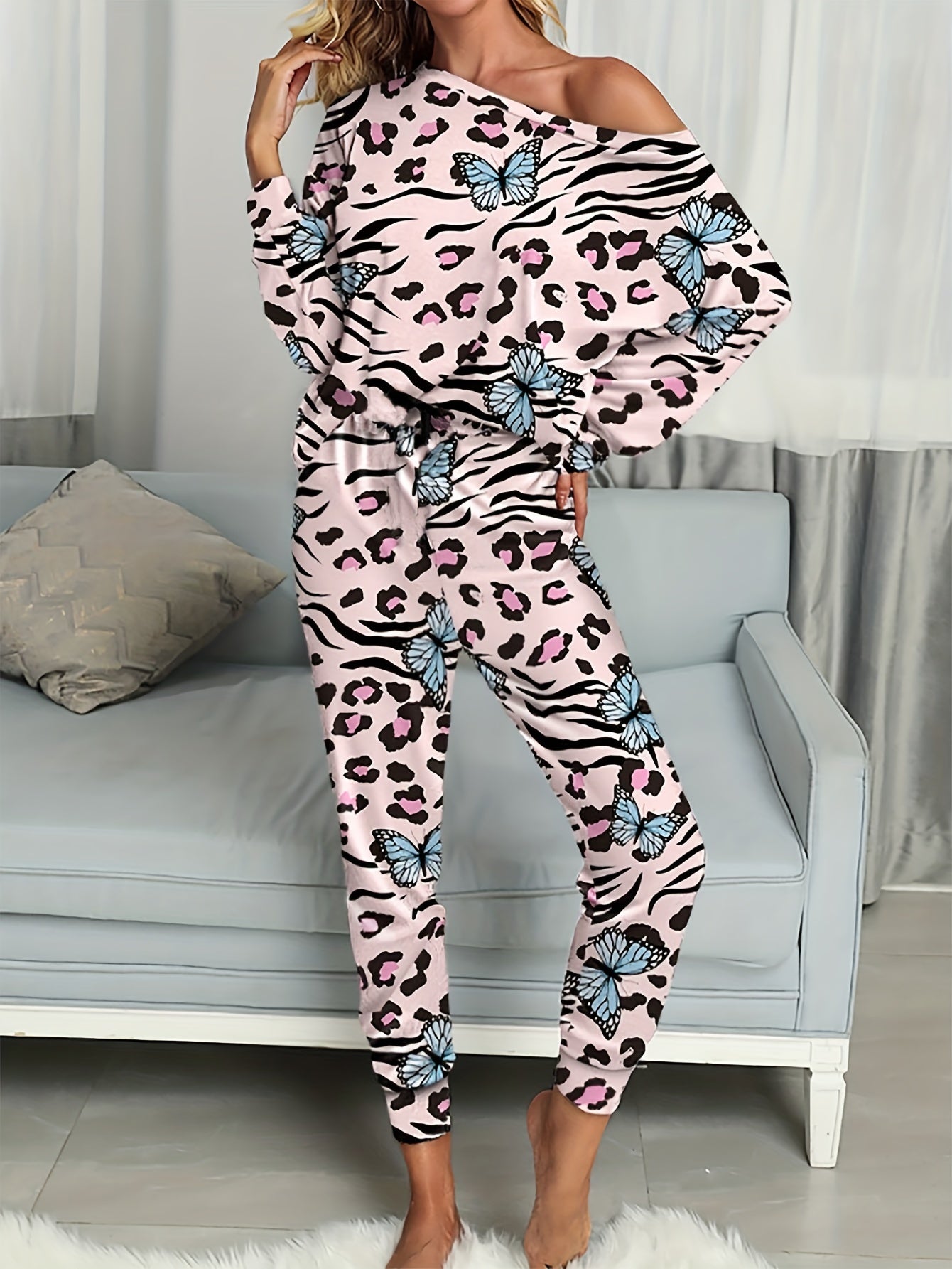 Leopard & Butterfly Print One Shoulder Top & Jogger Pants Set
