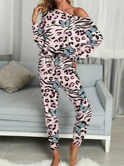 Leopard & Butterfly Print One Shoulder Top & Jogger Pants Set