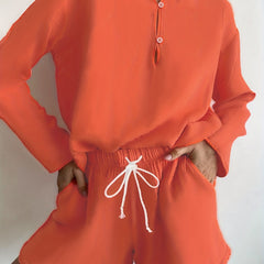 Half Button Long Sleeve Top & Drawstring Shorts