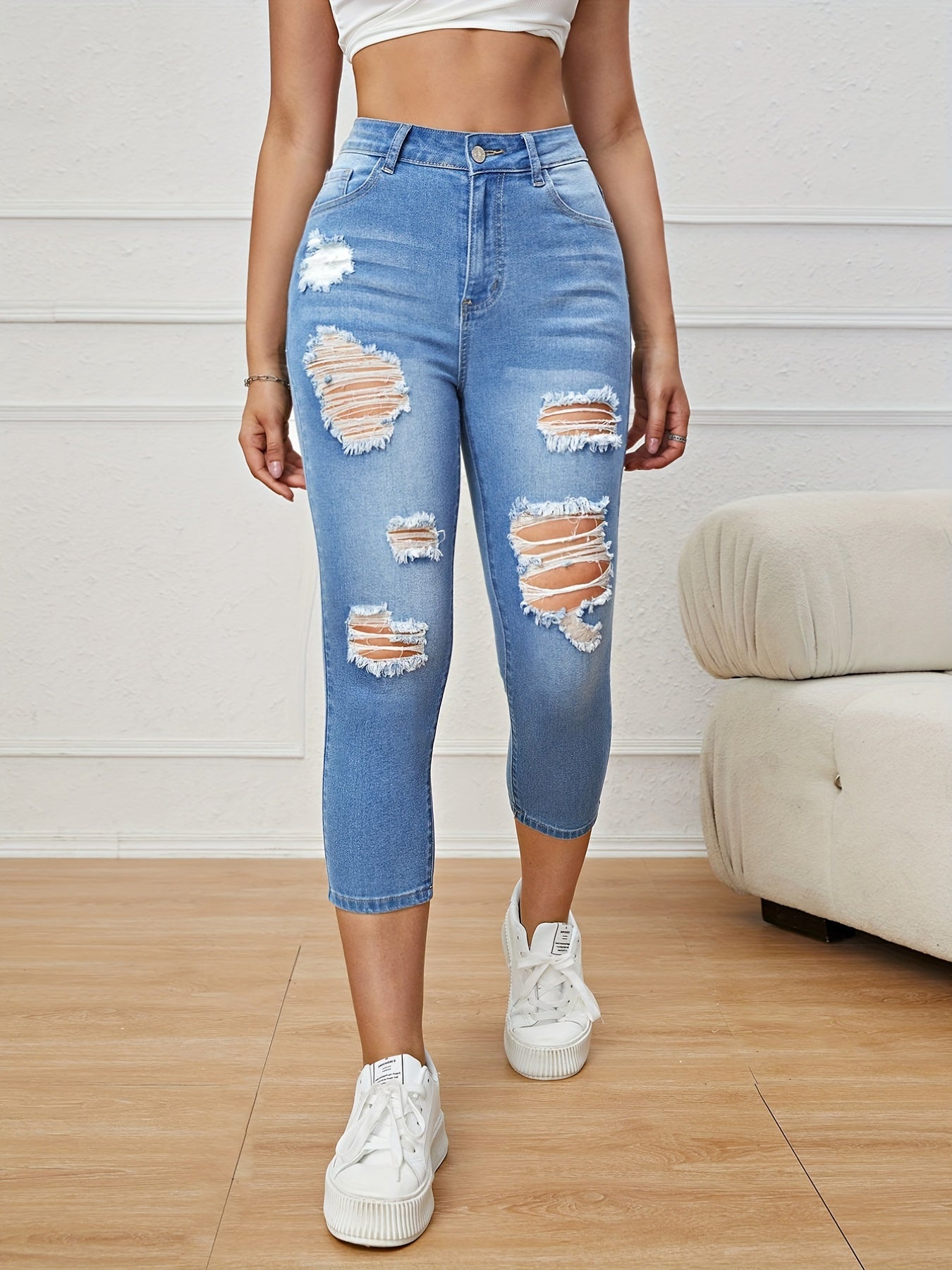 Ripped Holes Skinny Jeans Slim Fit Slash Pockets Slight Stretch