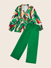 Geo Print Button Front Blouse & Solid Wide Leg Pants Set