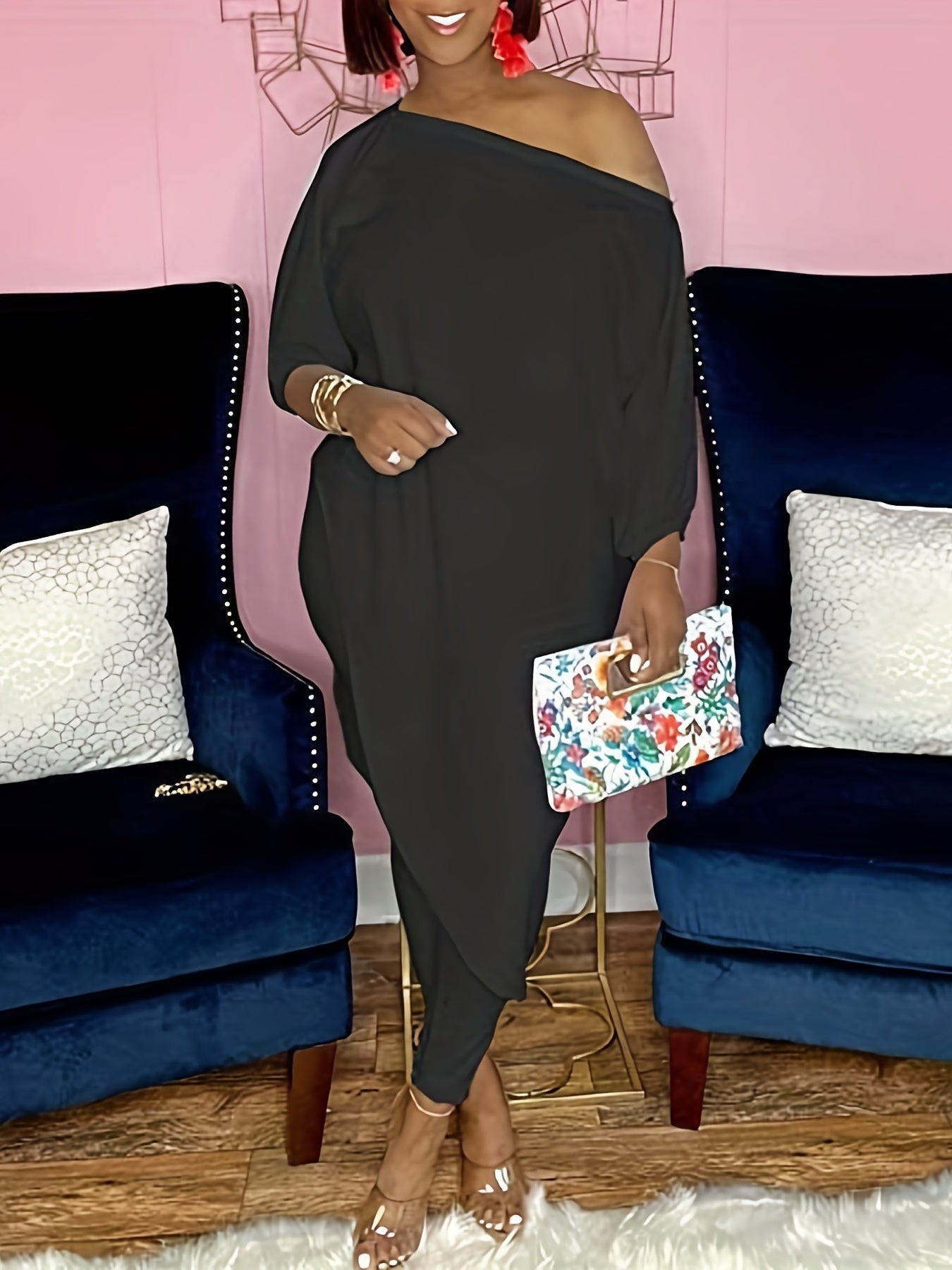 One Shoulder Tunic Top & Pants 2pcs Outfit Set
