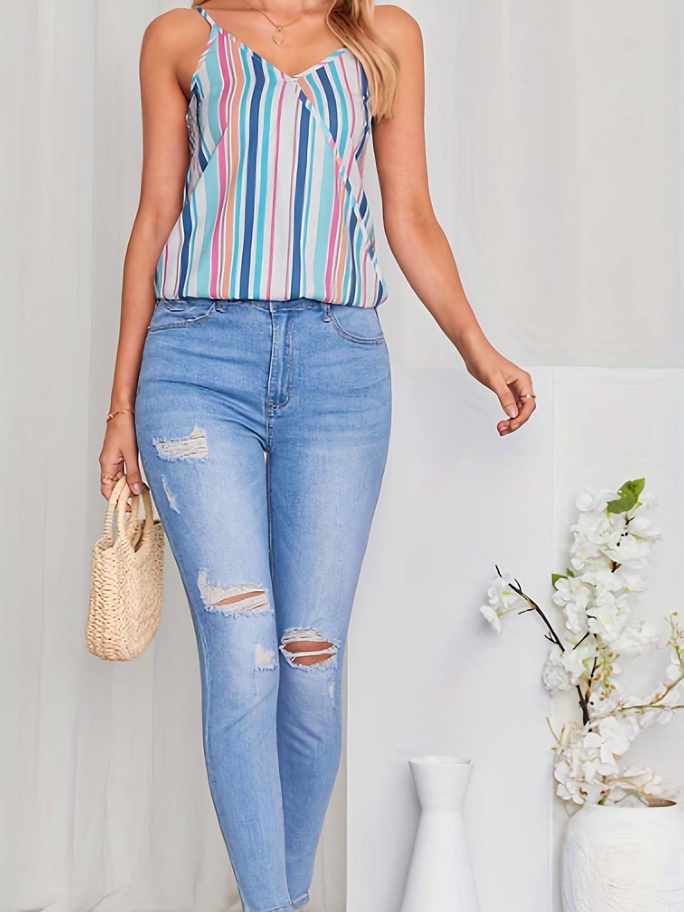 Striped Spaghetti Strap Top V Neck Sleeveless Cami Top