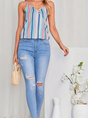 Striped Spaghetti Strap Top V Neck Sleeveless Cami Top
