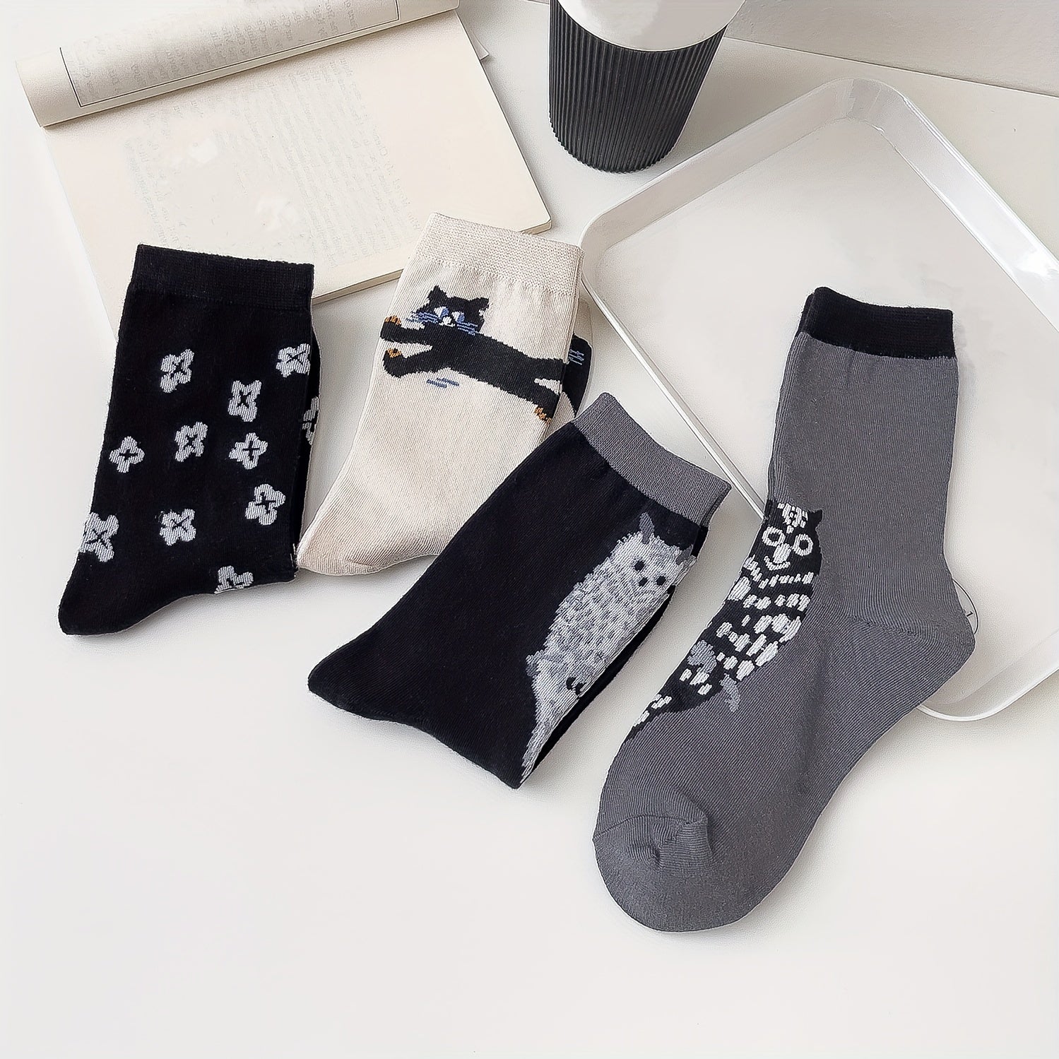 4 Pairs Cat & Owl Print Socks Cute & Comfy Women's Stockings