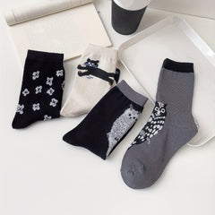 4 Pairs Cat & Owl Print Socks Cute & Comfy Women's Stockings