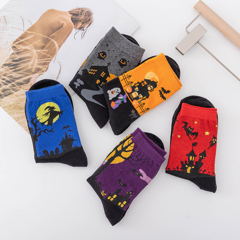 5 Pairs Halloween Novelty Crew Socks Pumpkin Ghost Skull Women's Socks