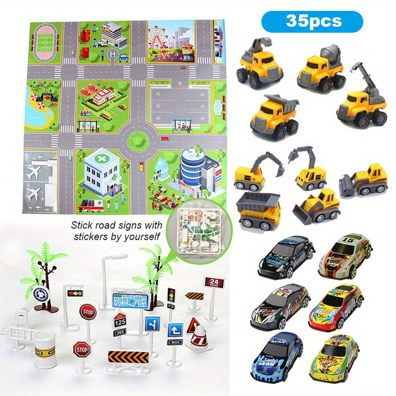 Cartoon City Map Pull Back Car Toy Set