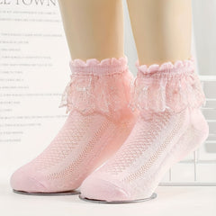 4 Pairs Girls Breathable Cotton Lace Crew Socks for Spring Summer