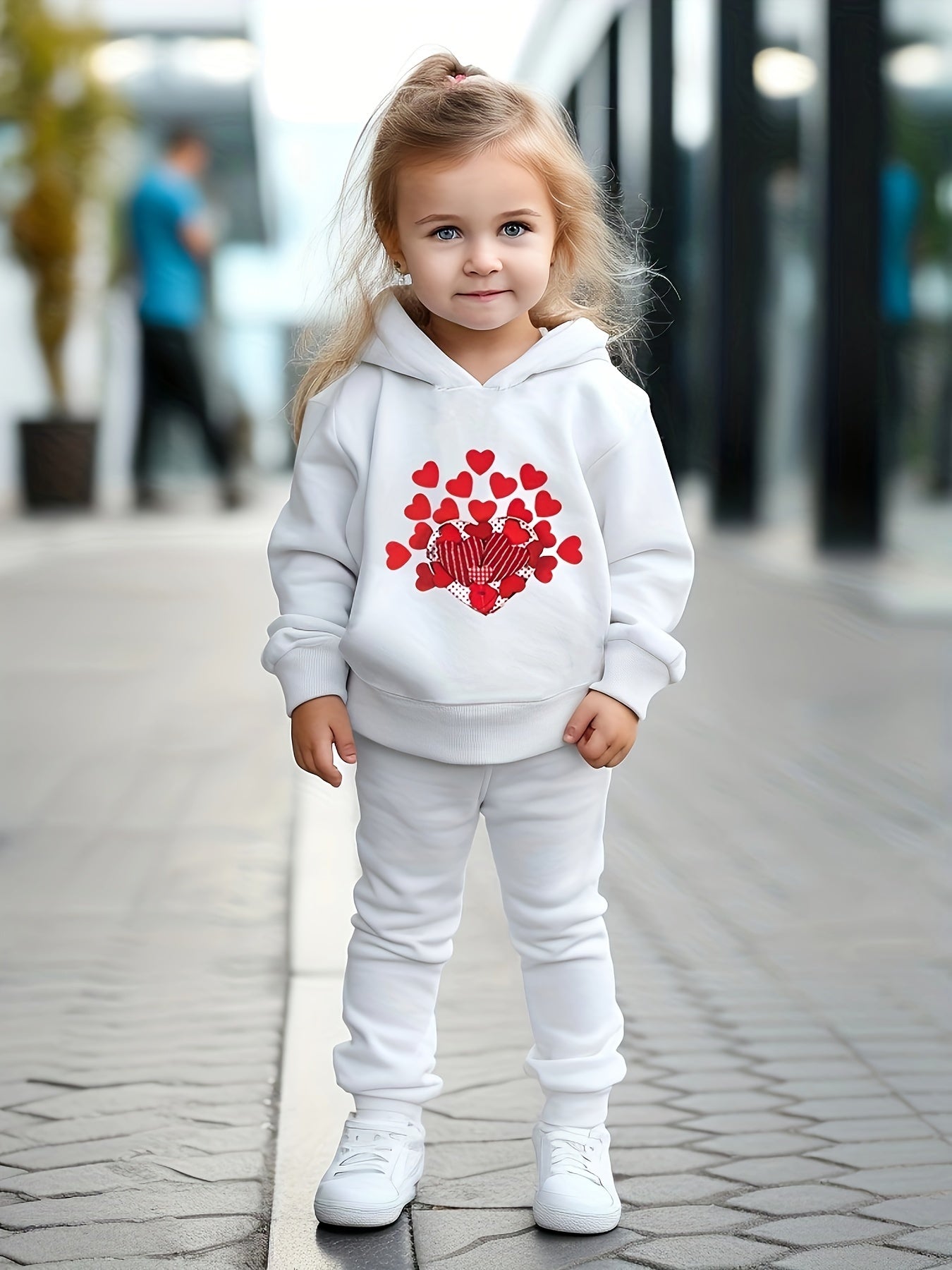 Girls 2pc Hearts Pattern Hooded Sweatshirt & Solid Sweatpants Set