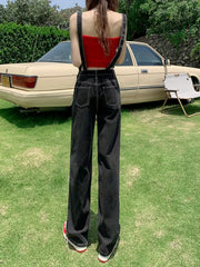 Loose Fit Denim Jumpsuit Adjustable Straps Non Stretch Overalls
