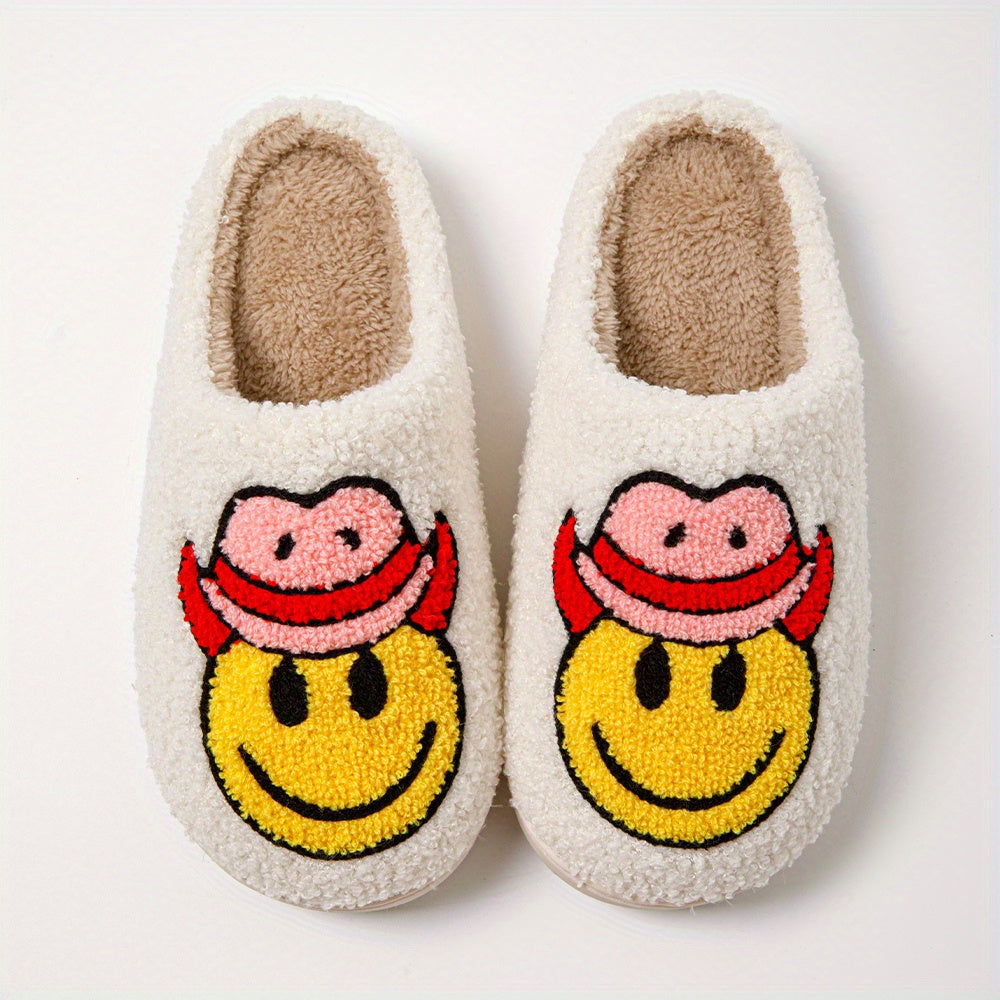 Women's Smile Face Printed Slippers Slip On Round Toe Non slip Home Fluffy Flat
