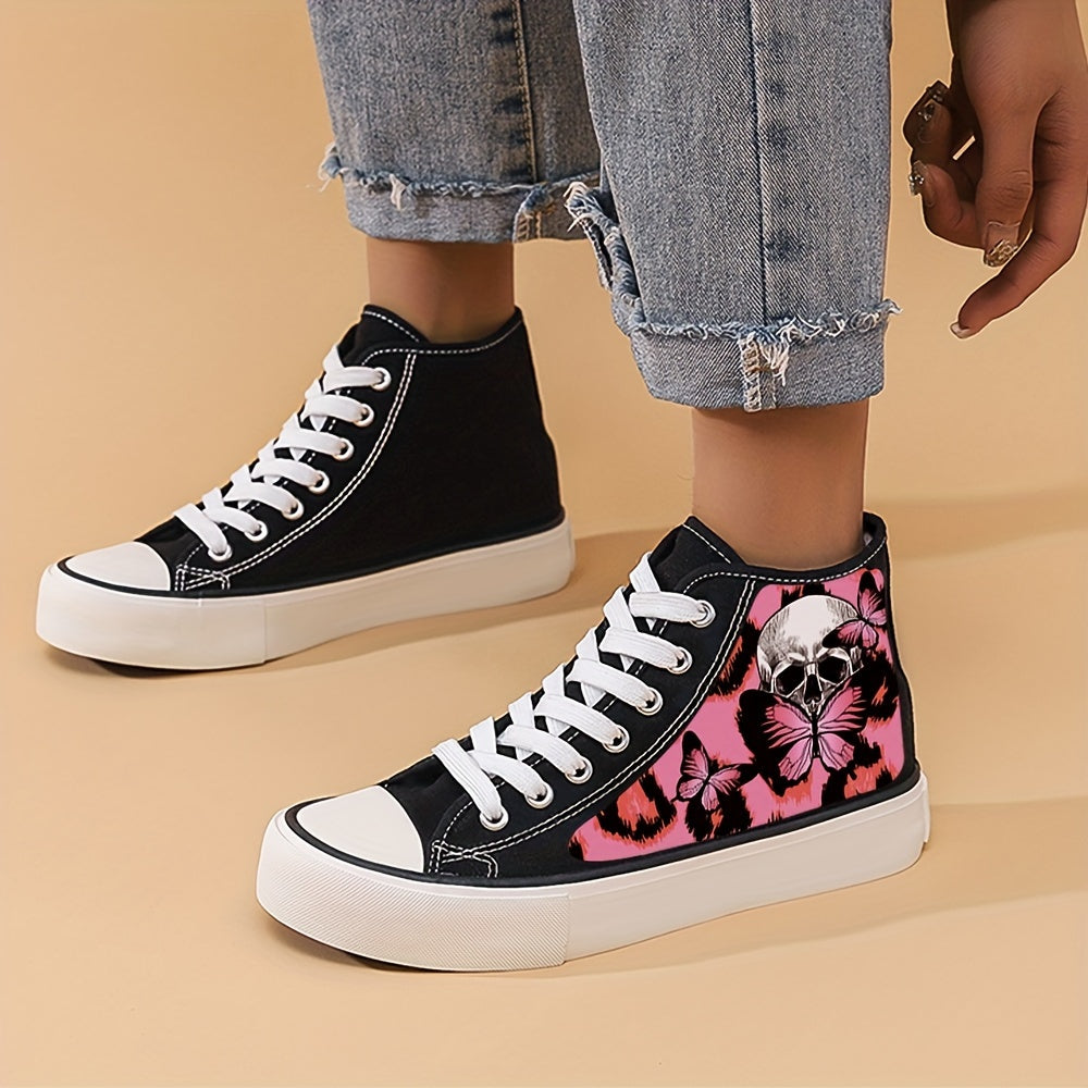 Skull & Butterfly Print Canvas Sneakers Lace Up Skate Shoes