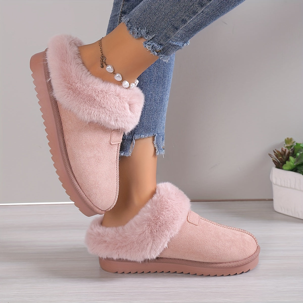Women's Fuzzy Trim Snow Boots Slip on Comfortable Slippers