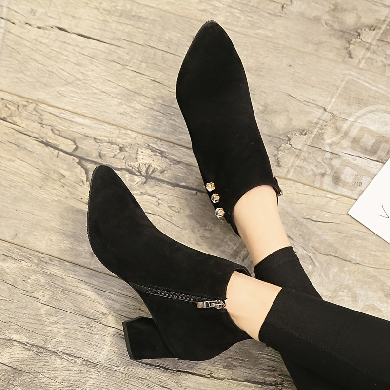 Pointed Toe Block Heeled Ankle Boots Solid Zipper Women's Boot