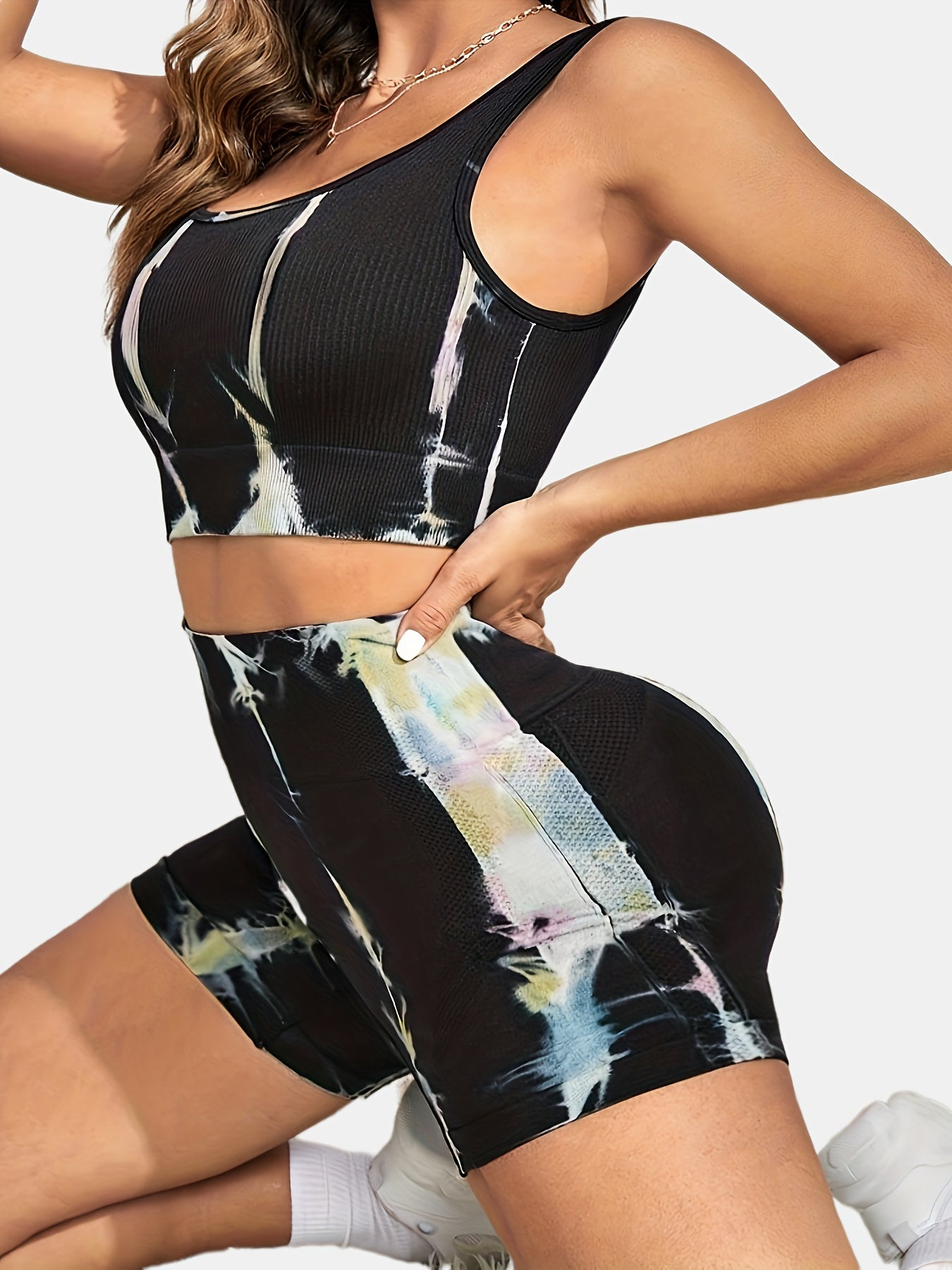 Knitted Round Neck Yoga Set Tank Top Biker Short Sports Suit